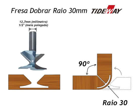 Fresa para Dobrar MDF Raio 30mm p/ CNC Haste 1/2"