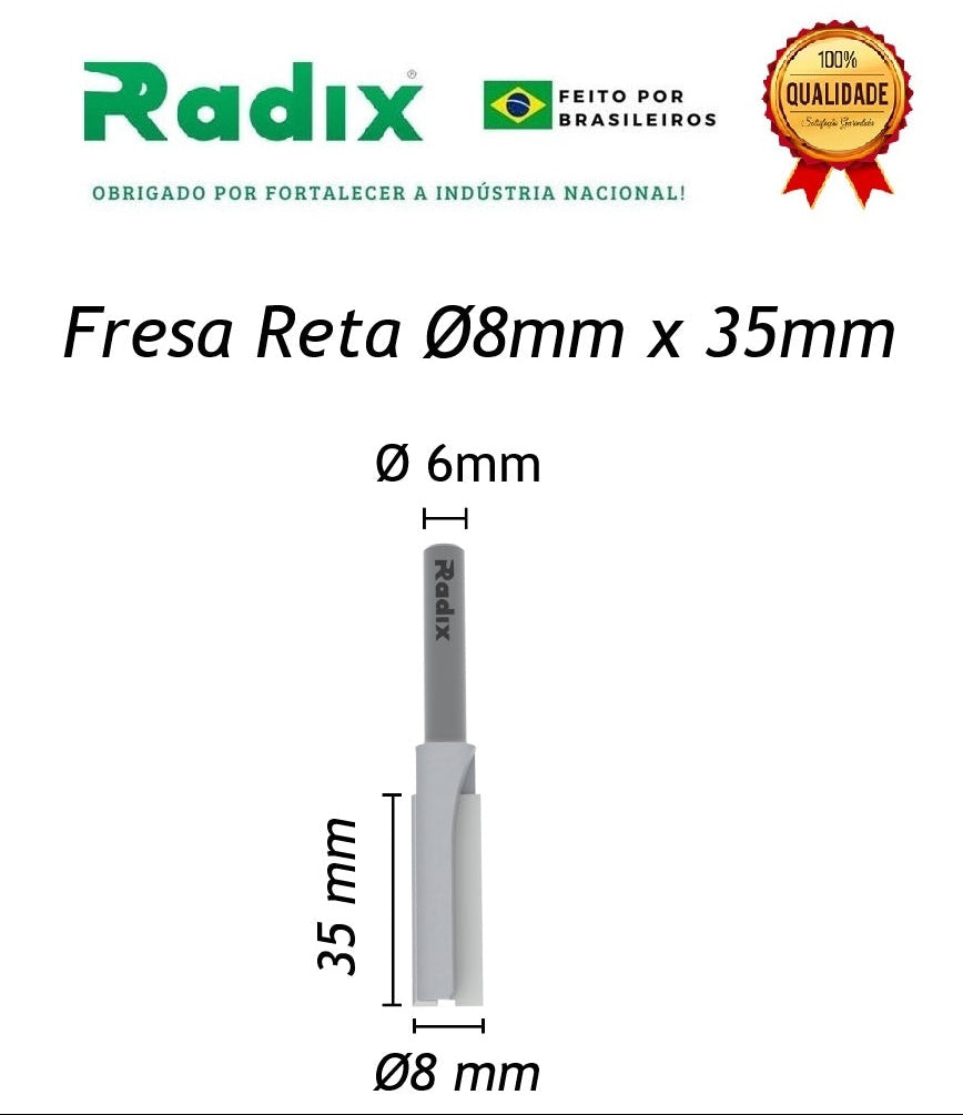 Fresa Reta Paralela Ø8mm x 35mm Haste 6mm