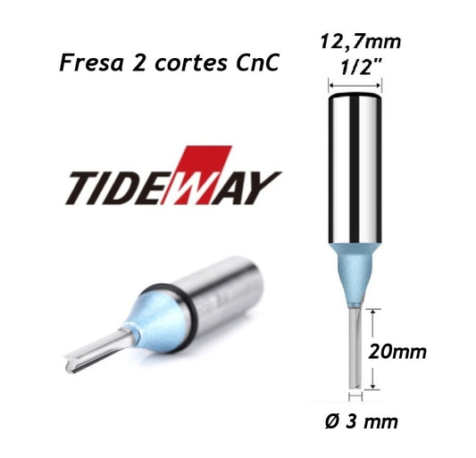 Fresa para CnC Ø3mm x 20mm Haste 1/2" - Tideway