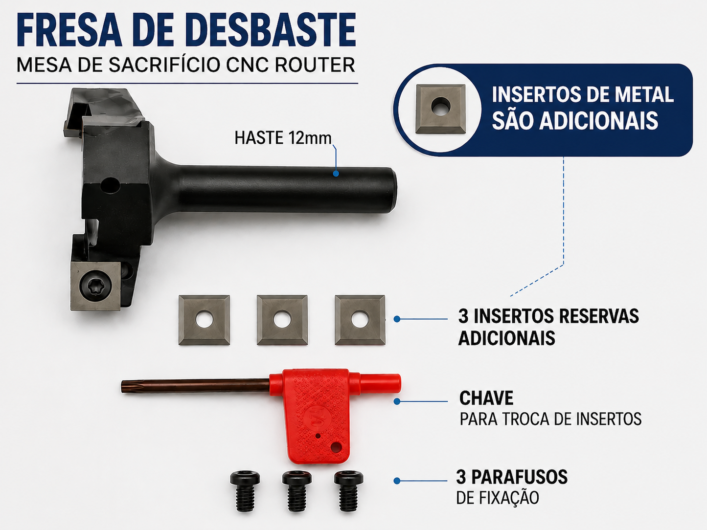 Fresa para Aplainar Ø 60 mm Haste 12mm com 3 insertos Metal Duro