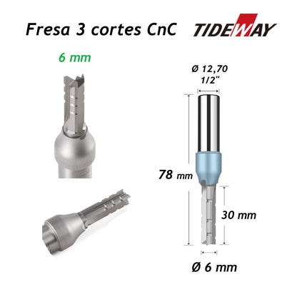 Fresa para CnC Ø6mm x 30mm x haste 1/2" Tideway
