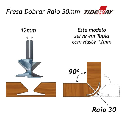 Fresa para Dobrar MDF Raio 30mm p/ CNC Haste 12mm