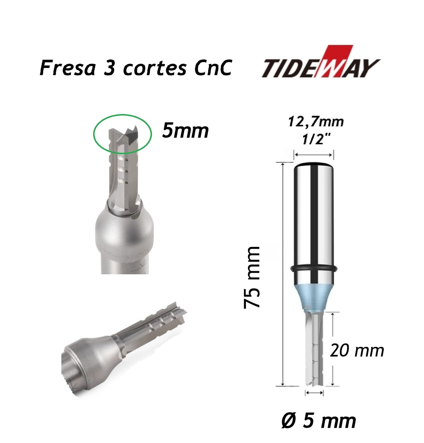Fresa para CnC Ø5mm x 20mm Haste 1/2" - Tideway