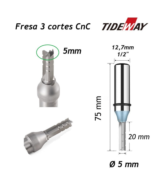 Fresa para CnC Ø5mm x 20mm Haste 1/2" - Tideway