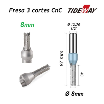 Fresa TcT para CnC Ø8mm x 40mm x haste 1/2 Tideway