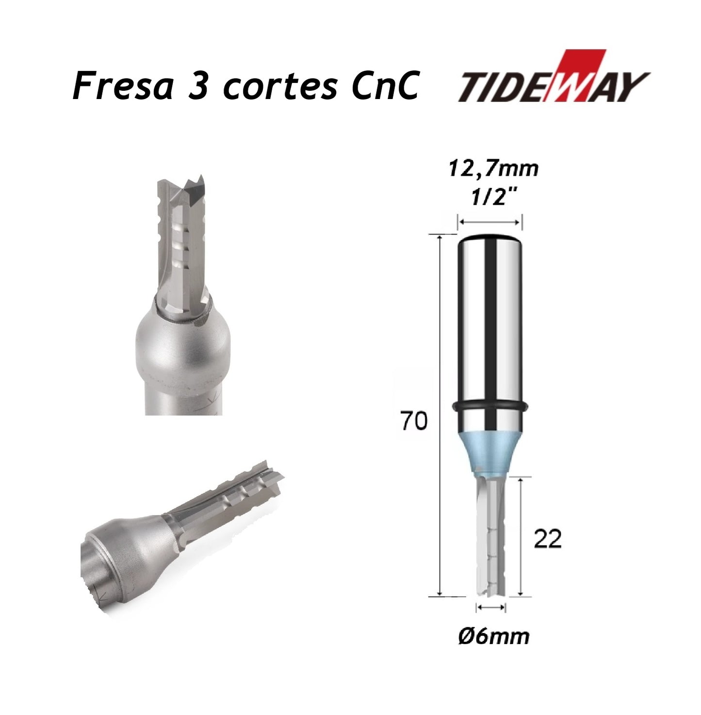 Fresa para CnC Ø6mm x 22mm x haste 1/2"