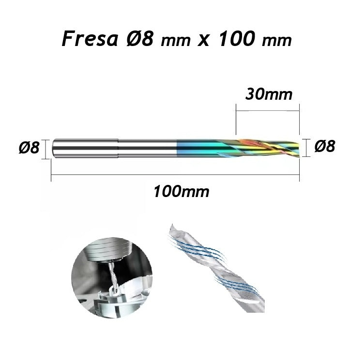 Fresa Ø8mm x 30 x 100mm DLC Alumínio Pantógrafo