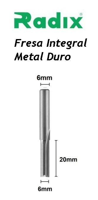 Fresa Paralela de Metal Duro Integral Ø 6mm x 20mm x Haste 6mm
